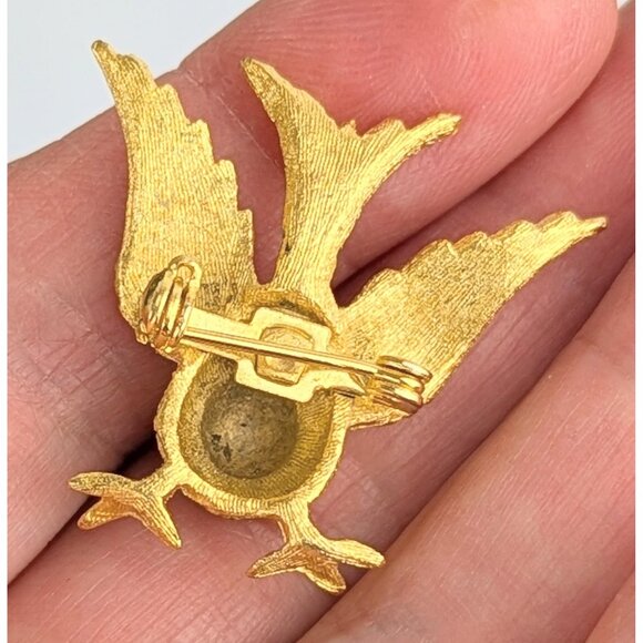Vintage Mid-Century Gold Bird Brooch Pin Red Rhinestone Scarf Pin for Bird Lover - Picture 5 of 7
